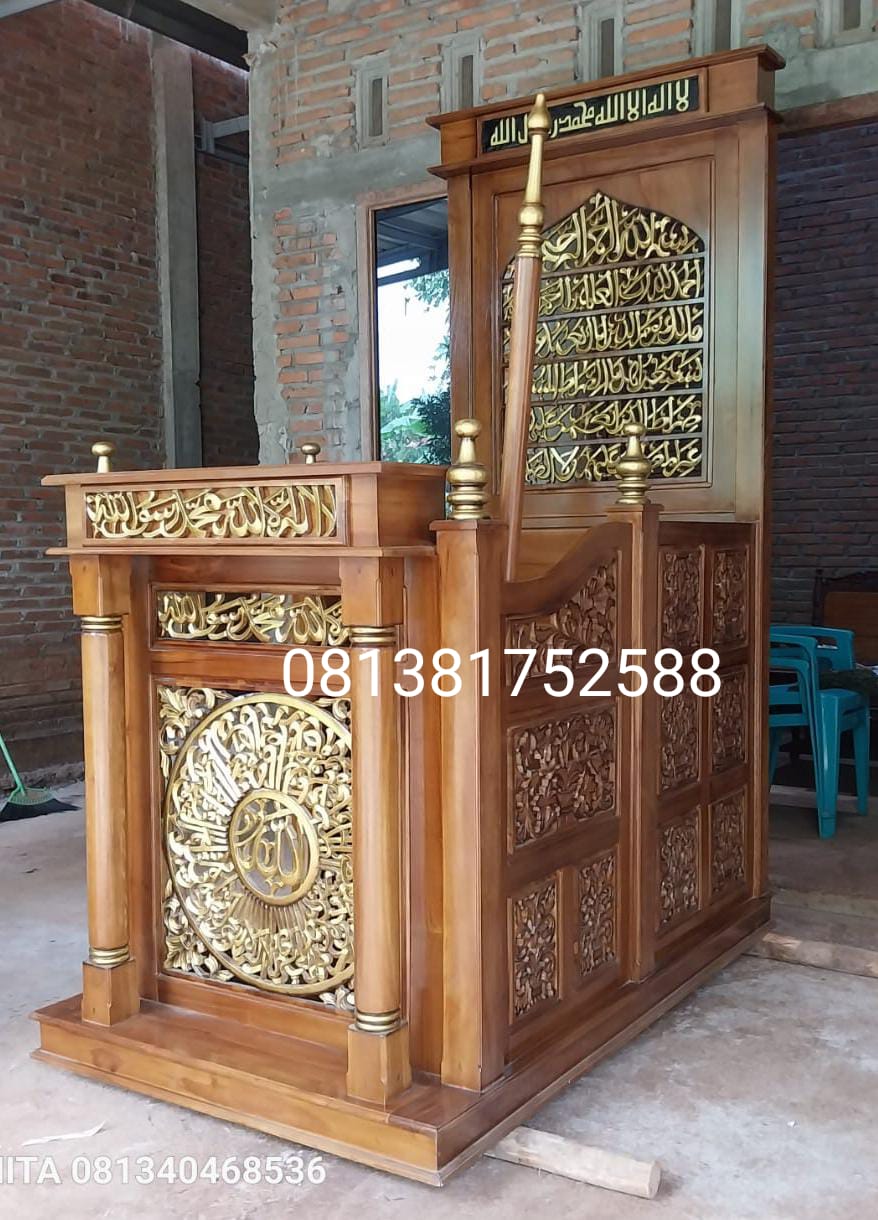 Mimbar Masjid Jati Ukiran Jepara Tanpa Kubah 100x165x200cm